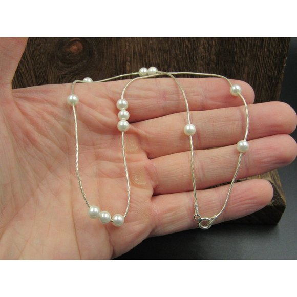 16 Inch Sterling Silver Cute Faux Pearl Necklace - Picture 2 of 6